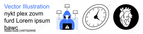 Cybersecurity, time tracking, healthcare, online protection, remote work, medical research. A hooded figure on a laptop, a clock and a heart diagram. Cybersecurity and healthcare connection explored