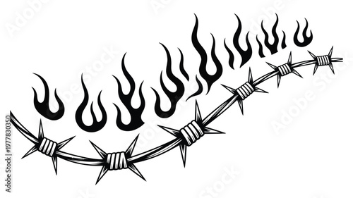 Fiery barbed wire design for tattoo or graphic, dynamic vector artwork featuring flames entwined with spiked wire, ideal for alternative style tattoos