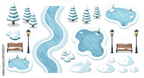 Winter park landscape elements, snowy pine trees and frozen ice ponds vector set, outdoor garden benches with street lamps and snow drifts isolated PNG with Transparent Background