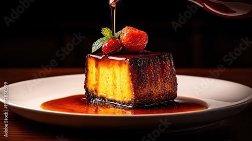Rich caramel glaze cascades over a square portion of baked custard dessert topped with fresh berries and mint