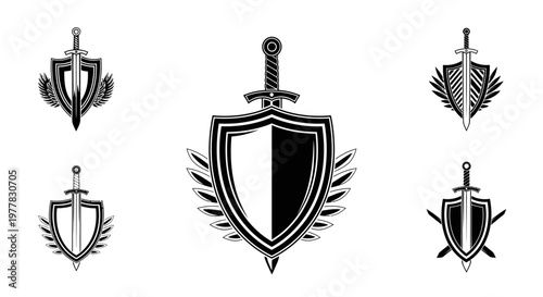 Medieval Shields and Swords Collection, Heraldic Crests, Vintage Weaponry