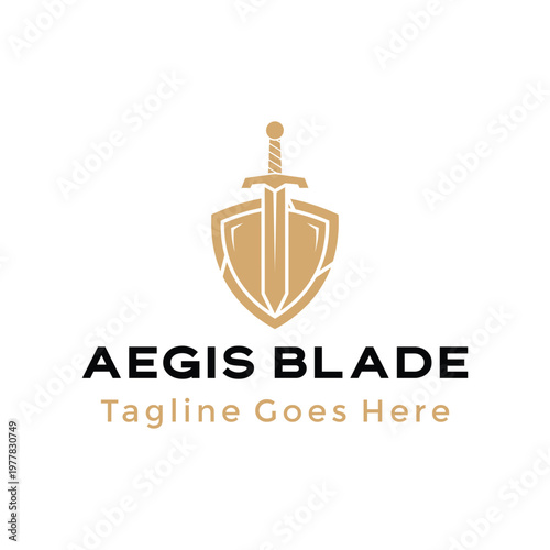 Golden shield with sword Shape for protection strength power knight medieval Logo Design