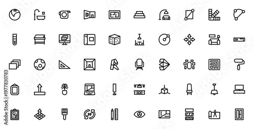 Interior design icon set. Vector symbols for 3D modeling, furniture, tools and materials. Includes living room, kitchen, bathroom, blueprint, Revit, SketchUp and more.