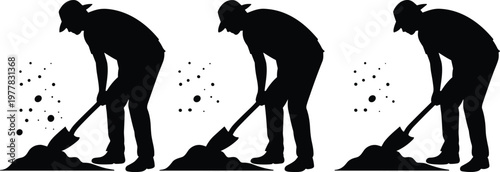 PrintWorker silhouette shoveling dirt, manual labor, construction scene, excavation posture, repetitive design, outdoor effort, physical work, black illustration