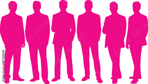 Pink business men silhouettes group, corporate professionals standing isolated vector illustration set
