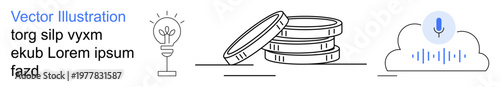Technology innovation, financial growth, remote recording, creativity, cloud computing, digital assets. Light bulb, coins microphone icon inside a cloud. Technology innovation and financial growth