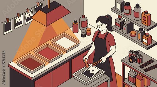 A dedicated artist meticulously working in a darkroom, surrounded by essential tools and the glow of developing images, showcasing the art and craft of photography. 