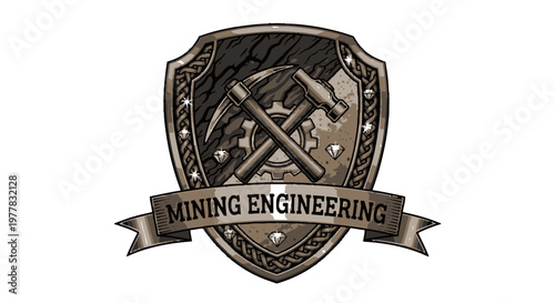 Mining Engineering Emblem with Tools and Gemstones - Industrial Shield Design