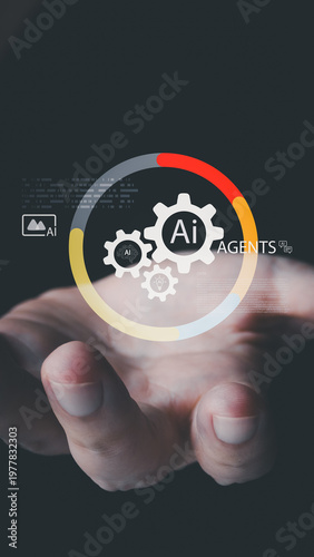 An open hand holds a virtual holographic interface displaying AI agents as interlocking gears within a colorful circular chart, illustrating futuristic smart technology.