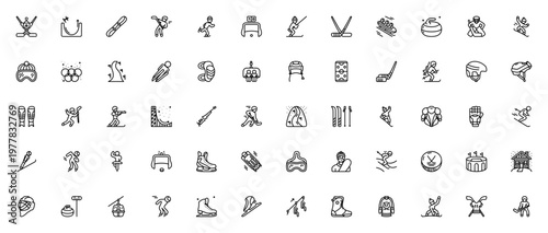 Winter sports icon set. Vector illustrations for skiing, snowboarding, hockey, biathlon, curling and more. Includes equipment, players, and Olympic symbols.