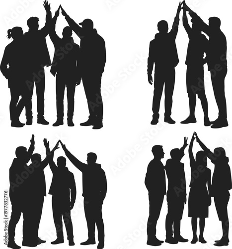 Teamwork silhouettes group high five success collaboration unity business people flat vector