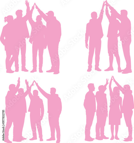 Teamwork success silhouettes group high five collaboration unity business people flat vector