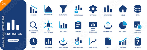 Statistics icon collection featuring data analysis, decline, expense tracking, statistician and growth symbols. Solid vector icons.