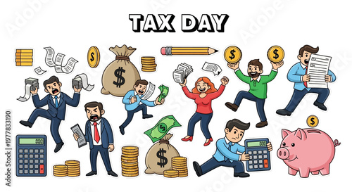 A flat lay illustration showcases the concept of tax day, featuring people managing tax documents and financial paperwork with calculators and coins, set against a clean white background