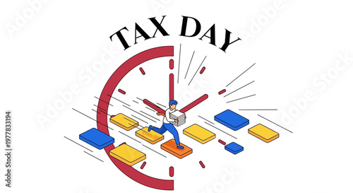 Isometric illustration depicting a courier rushing with tax documents before the tax payment deadline, set against a white background with a clock indicating tax day, conveying a sense
