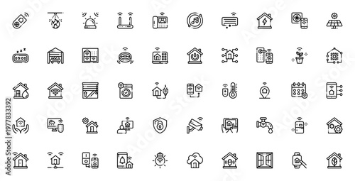 Domotics icon set. Smart home vector icons pack. Includes symbols for remote control, alarm, wifi, air conditioner, security, automation and more. Editable stroke.