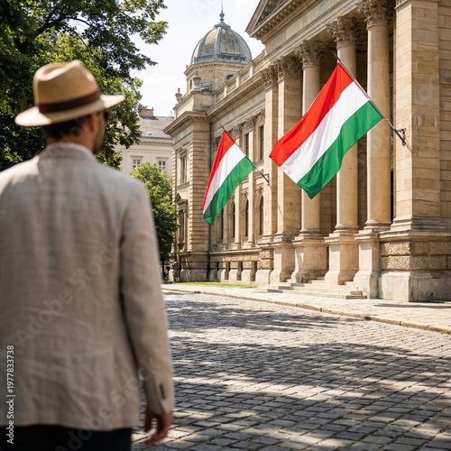 a man in a light hat and jacket stands with his back and looks at a historical building with columns and two large hungarian flags on flagpoles. a sunny day in budapest.