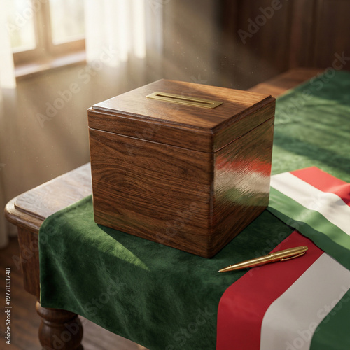 wooden box for donations or voting standing on a green tablecloth near a pen and a folded hungarian flag as a concept of official signing or expression of will