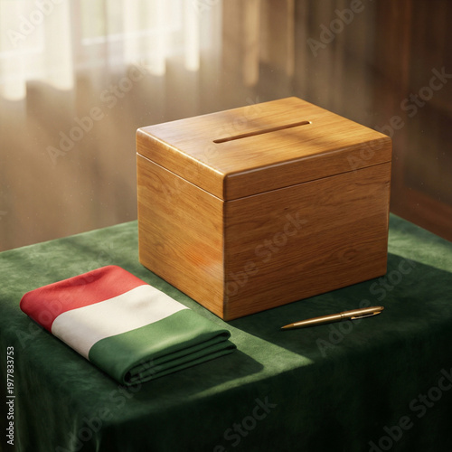 closed wooden box and a golden pen on a green surface next to a neatly folded hungarian flag symbolizing order and the state importance of the process