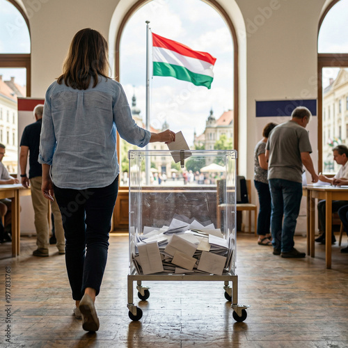 woman putting a paper ballot into a transparent plastic box on wheels in a bright official room with a hungarian flag in the background during democratic elections