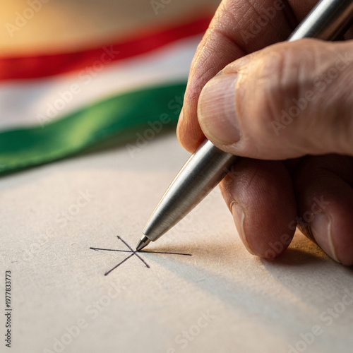 close up of a person hand making a cross on a paper with a metal pen against a blurred hungarian flag background during an important political decision moment