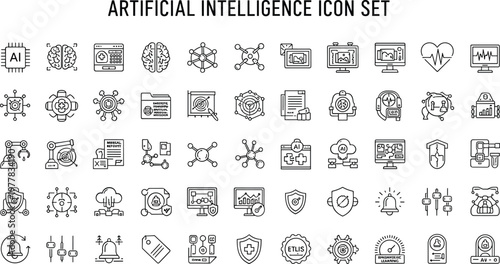 Artificial intelligence icon set with machine learning analytics, neural network processing, automation workflow, cybersecurity protection technology vector outline symbols collection