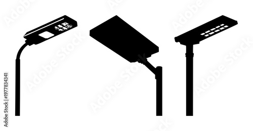 Solar street light icon set with solid black icon, white background featuring solar powered, street lighting, urban night with energy and sustainability