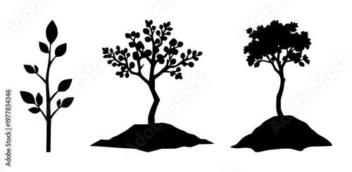Reforestation tree sapling icon set with solid black icon on white background, simple line art illustration featuring reforestation, sapling, tree with vector, design