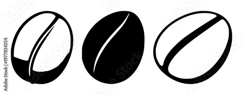 Fair trade coffee bean icon set with solid black silhouette on white background featuring icon, coffee bean, fair trade symbol with minimal line art and flat color