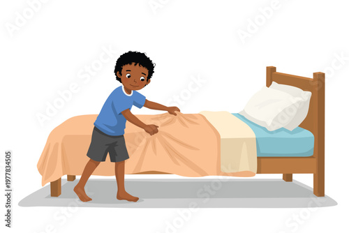 Little African boy making bed in the morning
