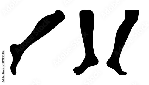 Prosthetic leg set with solid black icon and white background featuring medical devices, limb replacement, skeleton graphics with orthopedic and rehabilitation