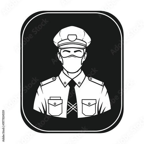 Security guard wearing face mask and uniform with hat and tie professional protective gear