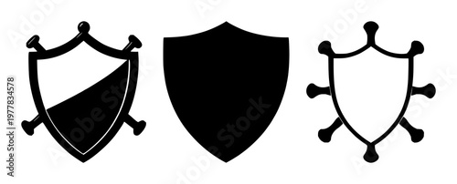 Immune system shield icon set with a solid black fill and white background featuring protection, antivirus, and health with security and medical themes