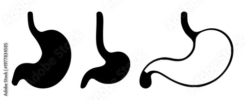 Gastroenterology stomach icon set with solid black design against white background featuring medical anatomy, digestive system, illustrative symbol with line art and silhouette