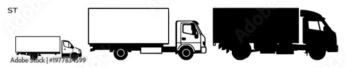 Shipping truck set with solid black icon, white background silhouette featuring truck, shipping, icon with black and white and transportation and logistics