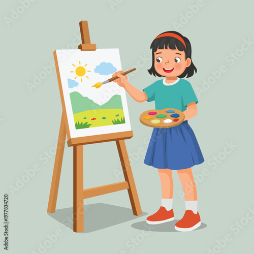 Little girl painting on canvas with color palette and paintbrush