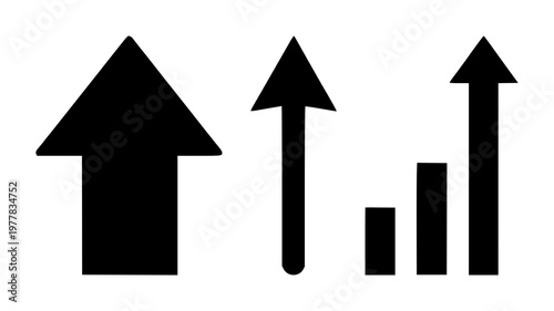 Upward arrow icon set with solid black illustration and white background featuring arrow, icon, navigation with white background and black color