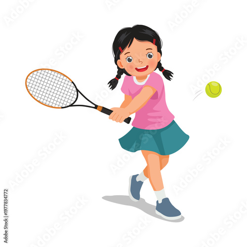 Little girl play tennis with racket to hit the ball