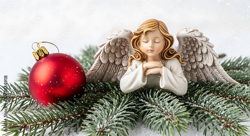 Fototapeta premium Holiday still life of angel figure, red ornament, and evergreen branch in snowy scene