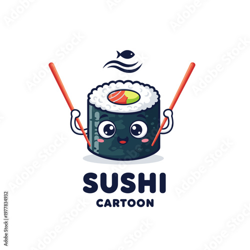 Cute cartoon sushi maki roll character holding chopsticks with a fish icon