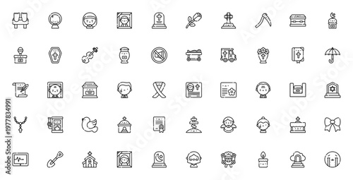 Funeral icon set. Vector symbols for death, burial, and mourning. Includes coffin, skull, cross, tomb, urn, angel, candle, and more. Editable thin line icons.