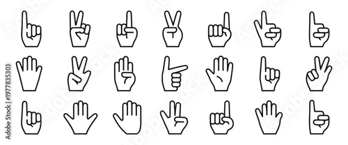 Hand gesture line icon set featuring thumbs up, peace sign, high five, fist bump, rock on, and heart shape