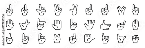 Hand gesture line icon set, vector pictograms of thumbs up, peace sign, high five, fist bump, rock on, and heart shape, thin linear illustration
