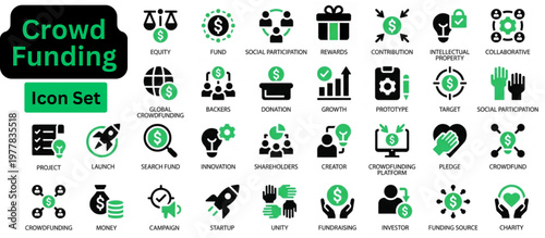 Solid vector of Crowd Funding icon set. Crowd Funding solid icon set. Set of solid icons related to crowdfunding, fundraising, investment. Linear icon collection. Editable stroke.