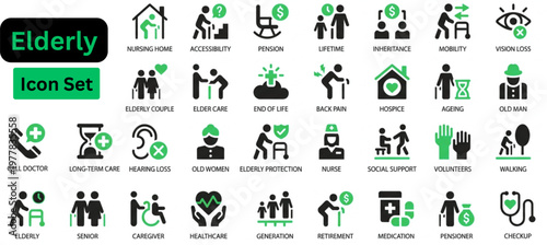 Solid vector of Elderly icon set. Elderly solid icon set. Gerontology and elderly care icon set. Vector pictograms of aging, retirement, health, assistance, and homecare, solid vector illustration