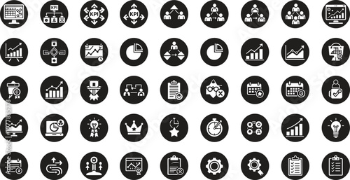 Business analytics KPI dashboard productivity leadership strategy finance solid circular glyph vector icon set for corporate interface and reporting