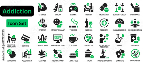 Solid vector of Addiction icon set. Addiction solid icon set. Addiction Stroke icon collections. Containing Gaming, Addiction, Overdose, Treatment, Phone Addiction, Medication, Sugar, and Alcoholism 