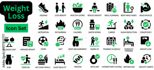 Solid vector of Weight Loss icon set. Weight Loss solid icon set. Weight loss icon set featuring fitness, loss, weight, scale, stomach, waist, wellness, abdomen, ,health, and nutrition symbols. 