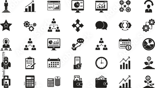 Business analytics productivity finance growth KPI dashboard management workflow reporting solid glyph vector icon set for corporate interface design