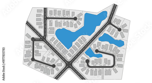 Abstract Residential Neighborhood Map Vector with Houses, Roads, and Ponds for Urban Planning and Real Estate Development Concepts
